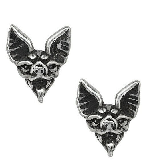 Pair of silver bat-shaped earrings on a white background