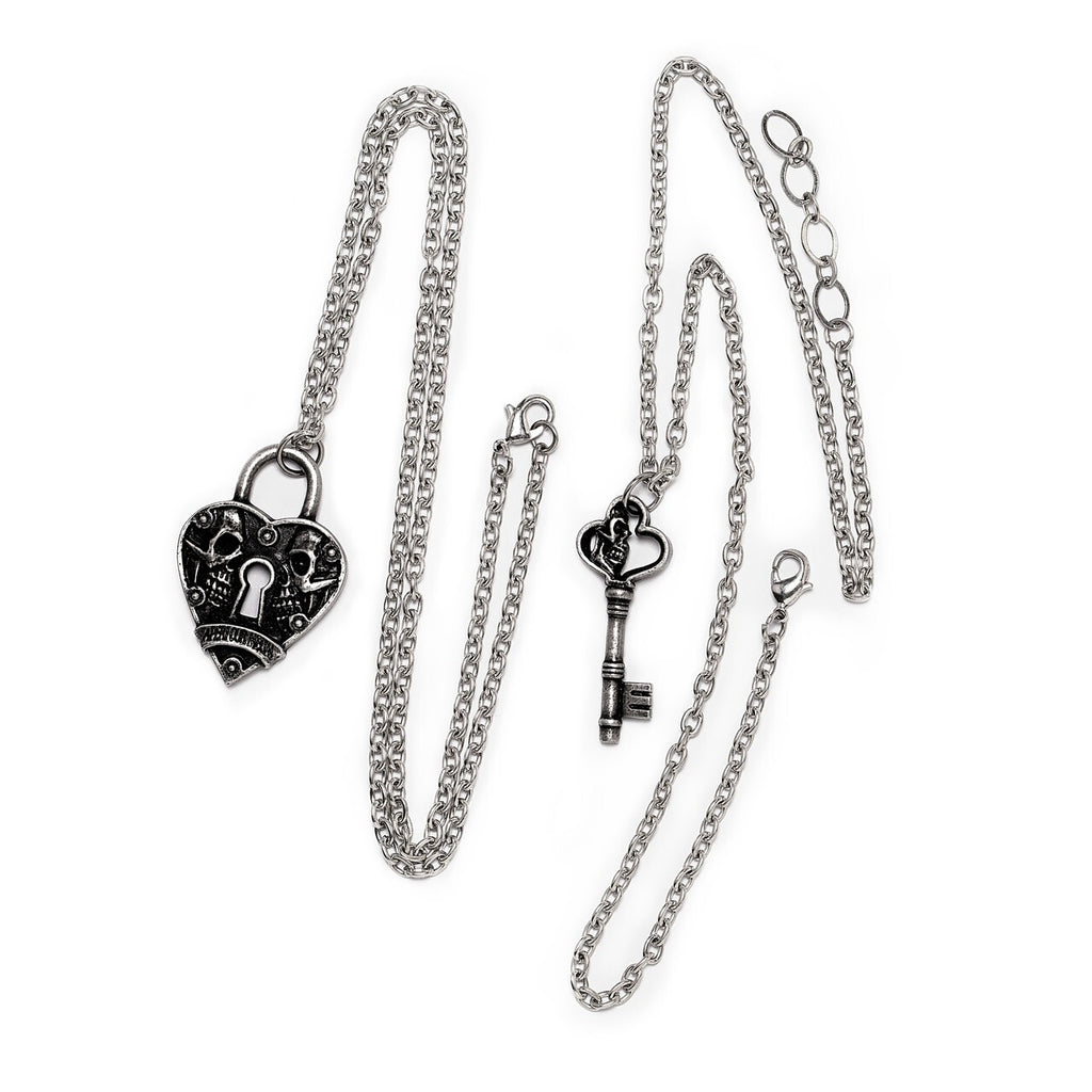 Silver chain necklace with heart-shaped lock and key pendant on a white background