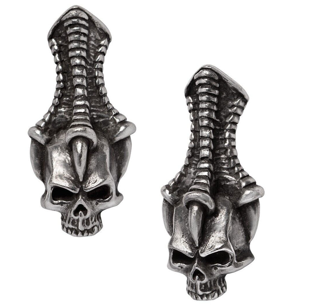 Pair of silver skull earrings with intricate designs on a white background