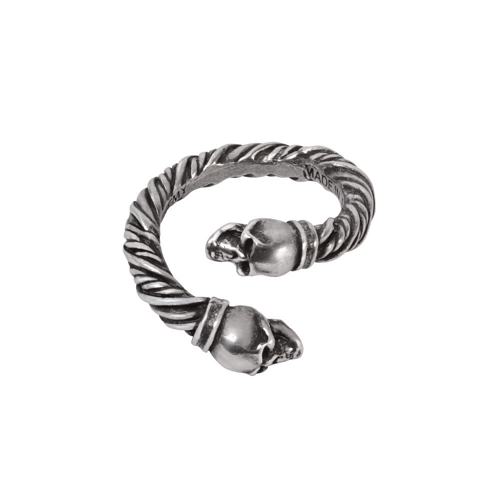 Silver twisted ring with skull designs on a white background