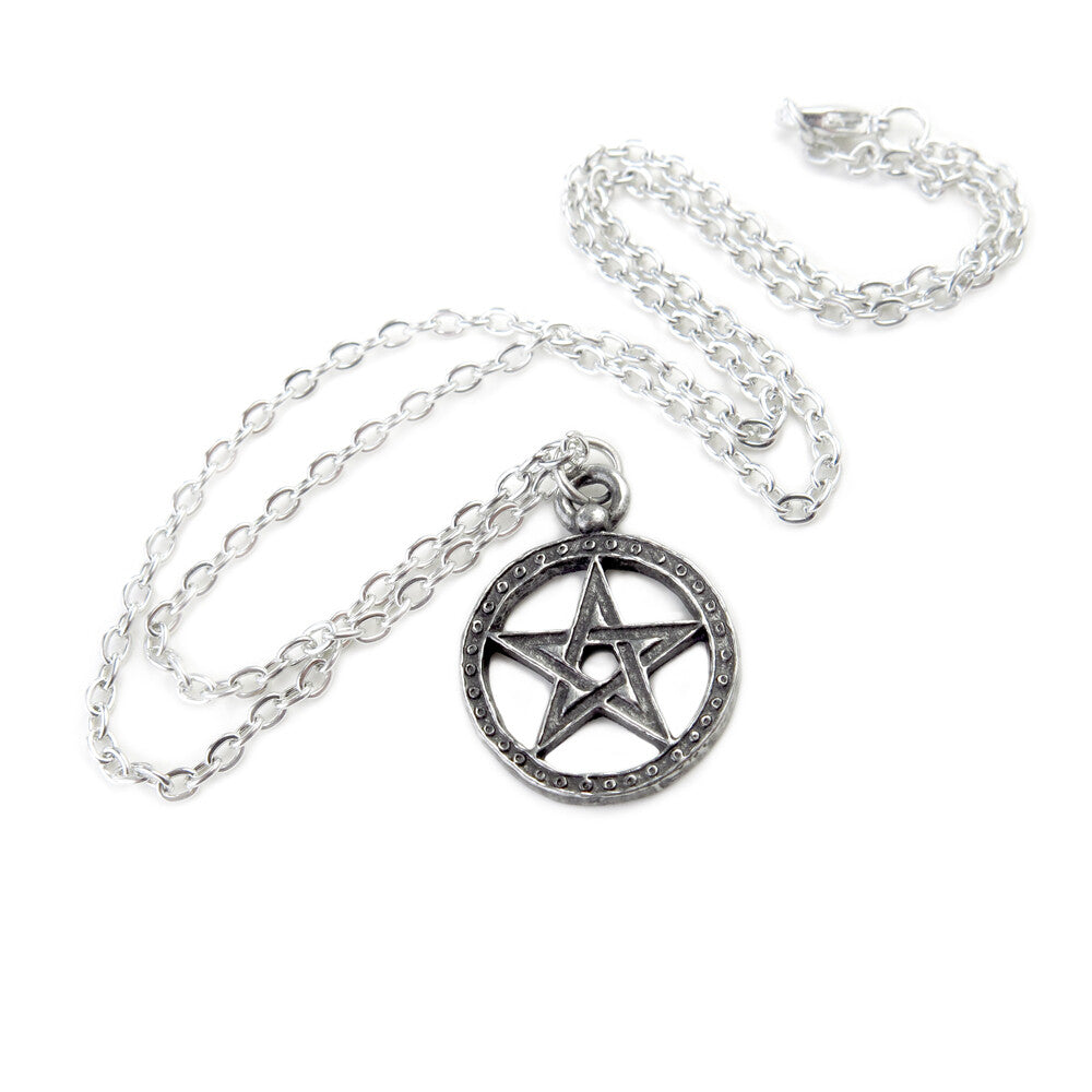 Silver necklace with a pentagram pendant on a white background