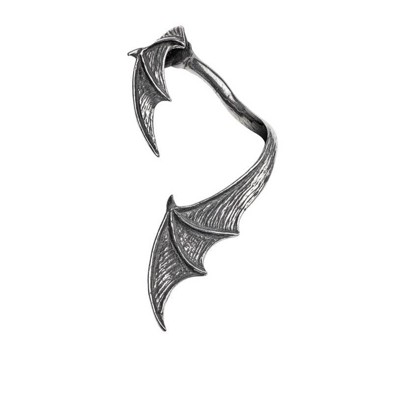 Pair of silver bat-wing earrings on a white background