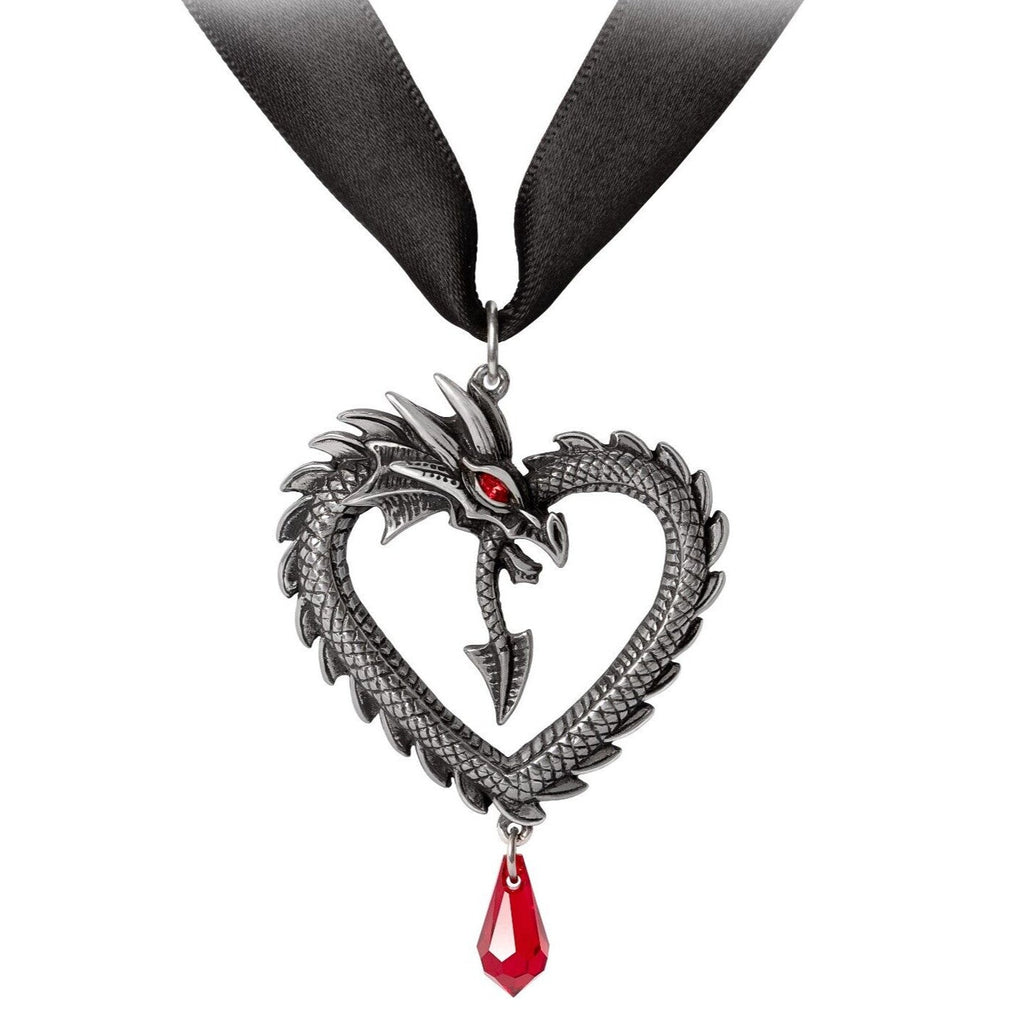Dragon-shaped pendant with a red gem on a black ribbon against a white background