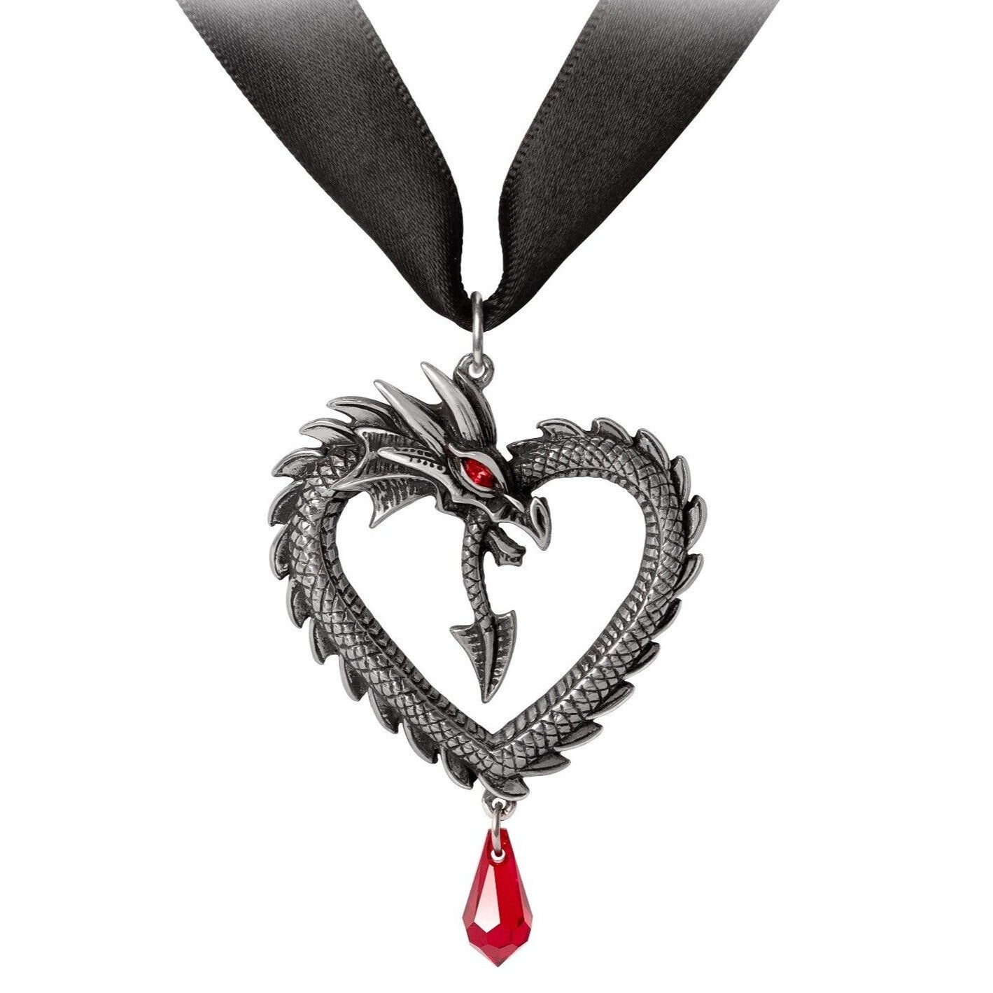 Dragon-shaped pendant with a red gem on a black ribbon against a white background