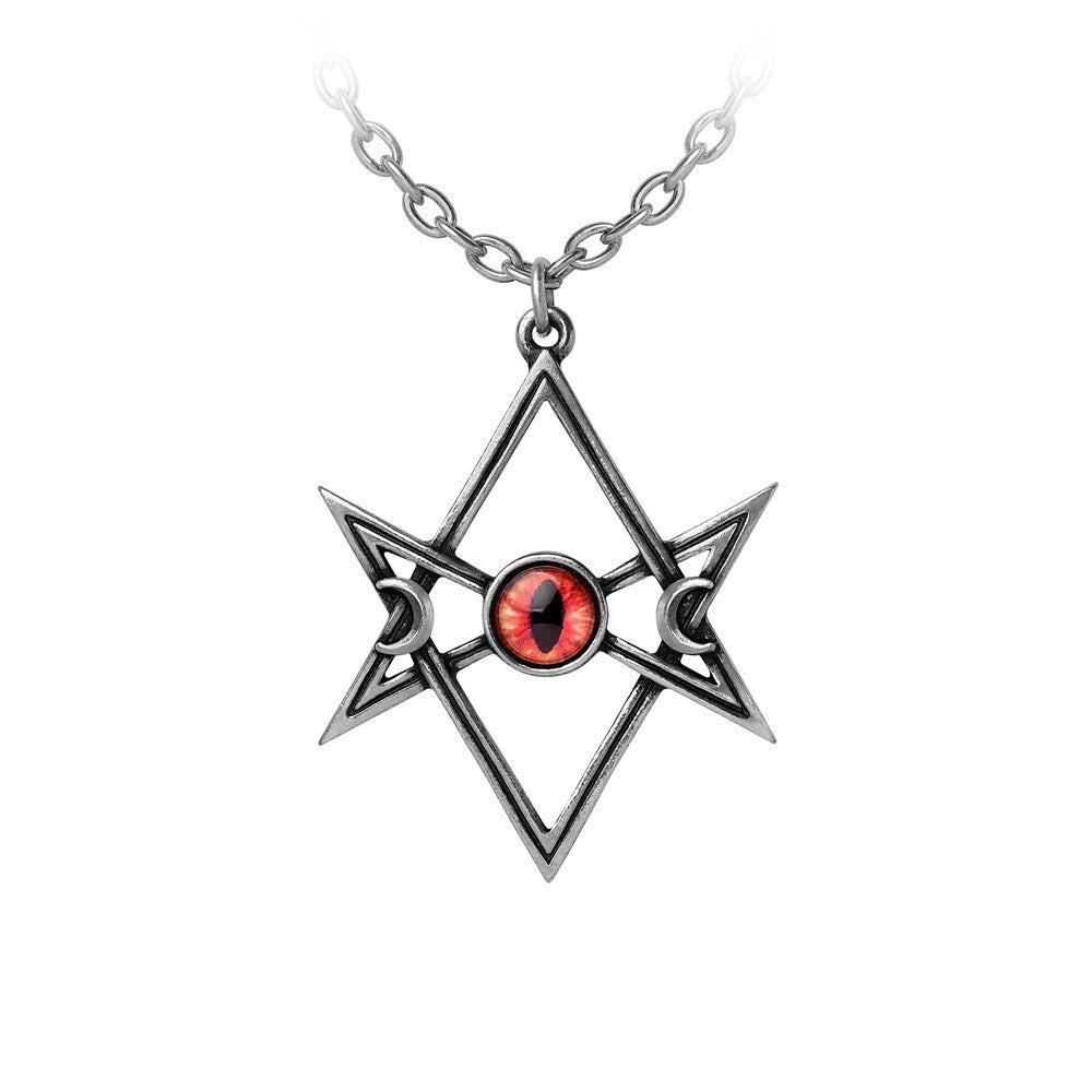 Star-shaped pendant with a red eye-like center on a white background