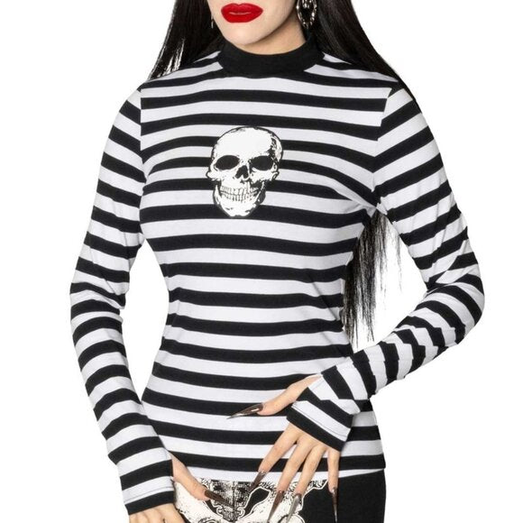 Kreepsville 666 Skull Black White Stripe LS Top Thumb Holes