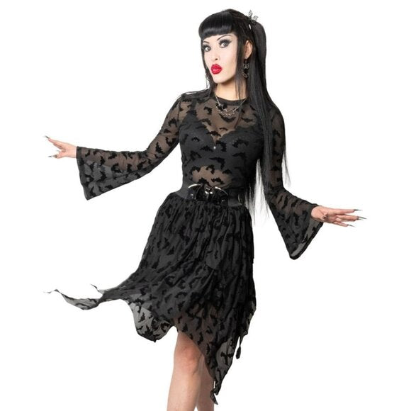 Kreepsville 666 Black Bat Repeat Mesh LS Top