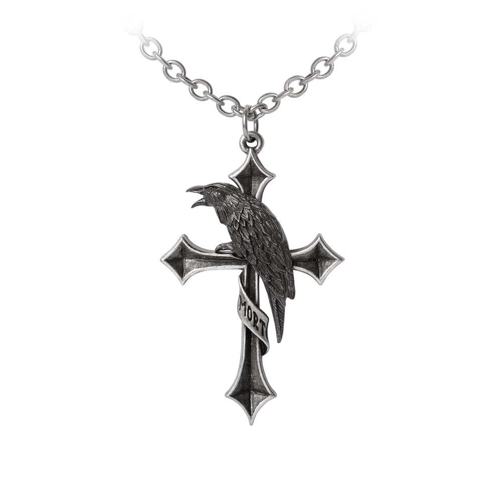 Silver cross pendant with a bird design on a white background