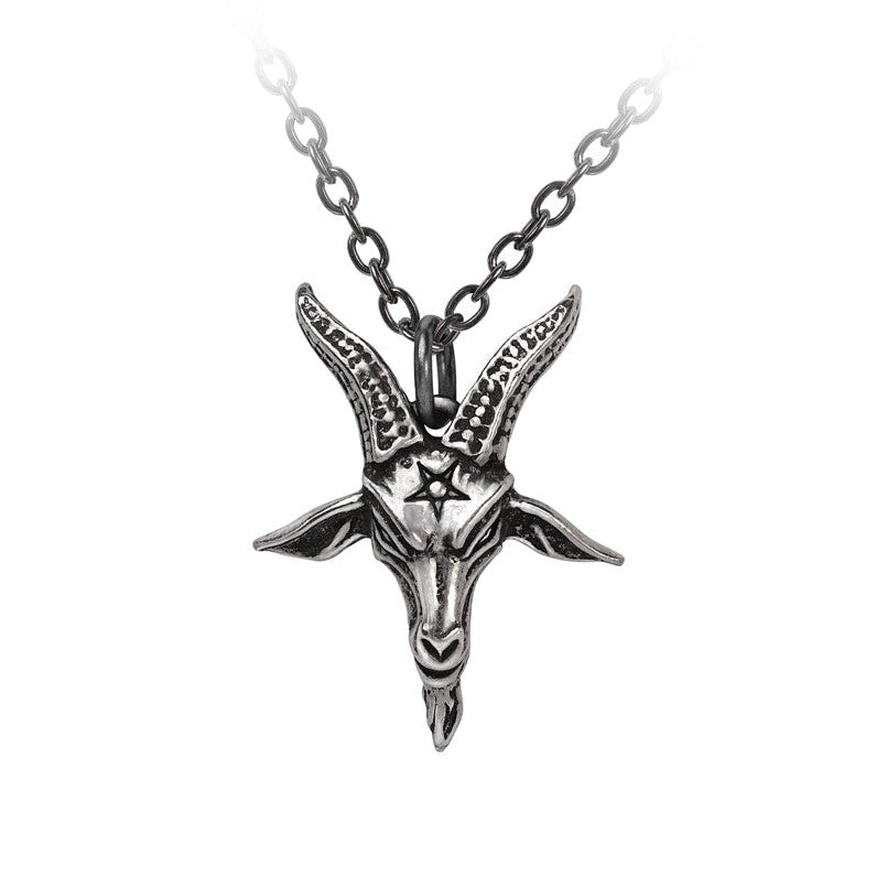 Silver goat head pendant necklace on a white background