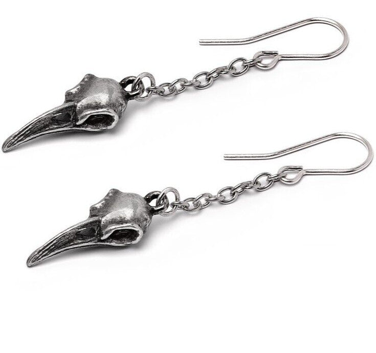 Pair of silver bird skull earrings on a white background