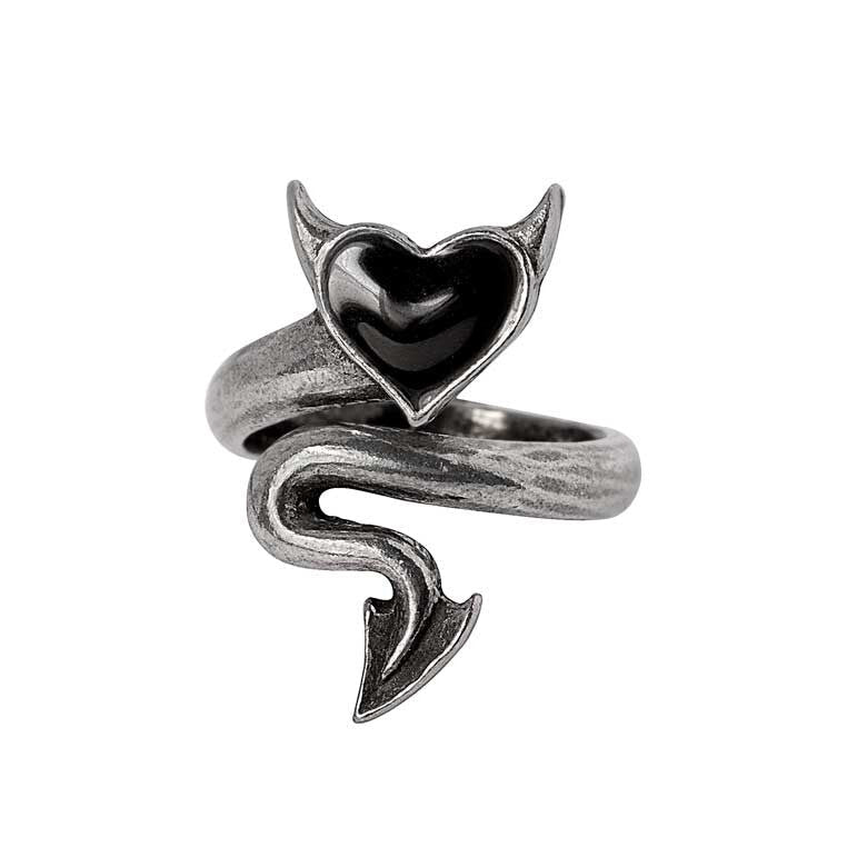Silver ring with a heart design and devil horns on a white background