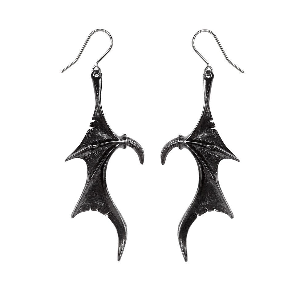 Pair of black wing-shaped earrings on a white background