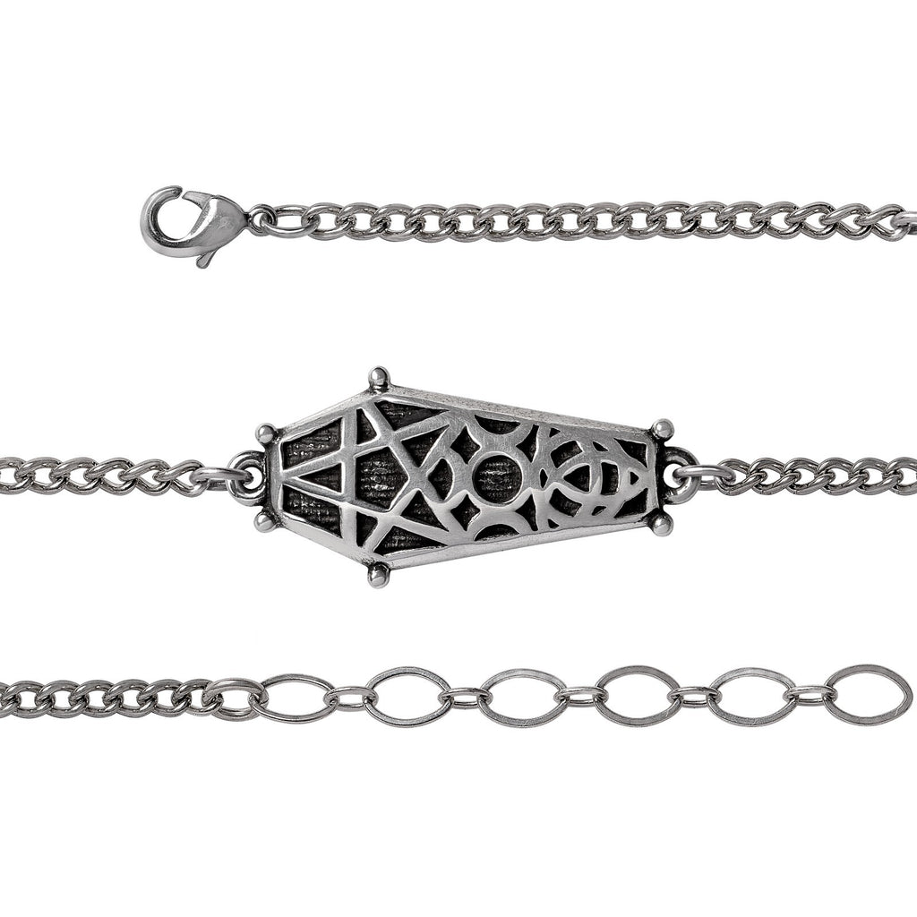 Silver bracelet with geometric design on a white background