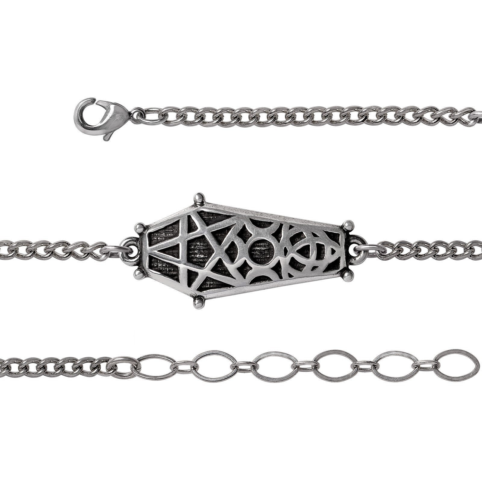 Silver bracelet with geometric design on a white background