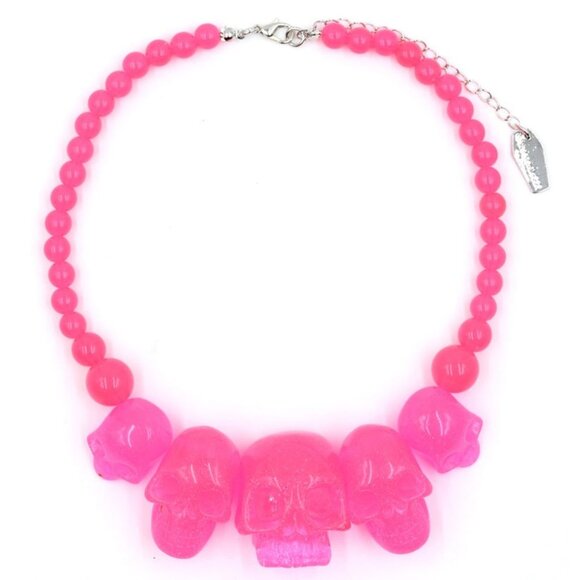 Kreepsville 666 Skull Collection Punk Necklace Pink Glitter