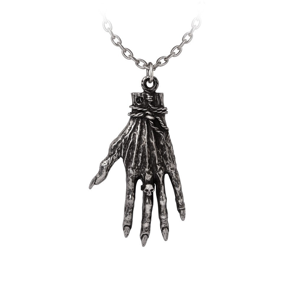 Silver hand-shaped pendant on a chain against a white background