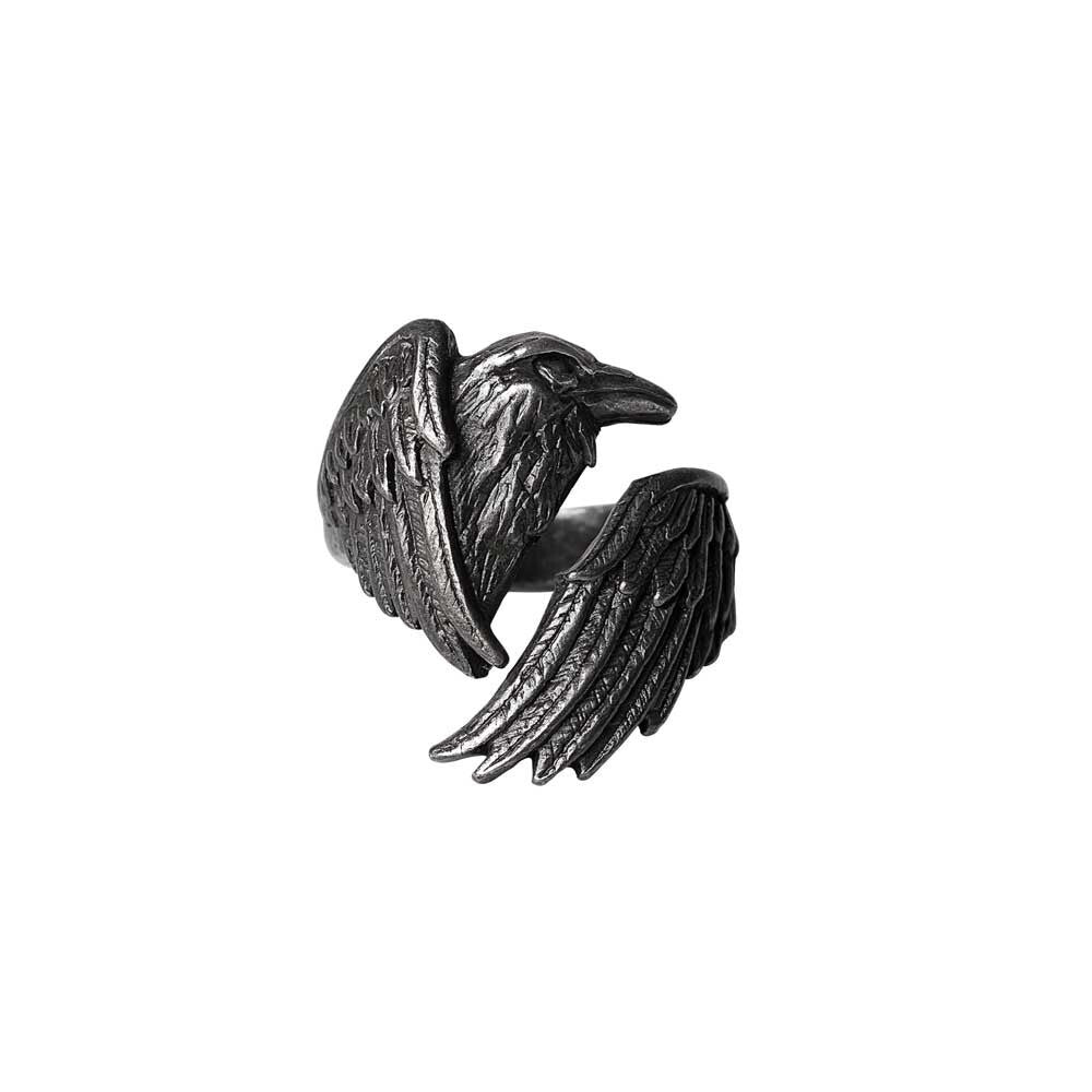 Silver raven with wings ring on a white background