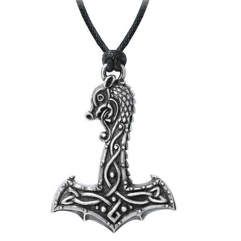 Silver Thor's hammer pendant on a black cord against a white background