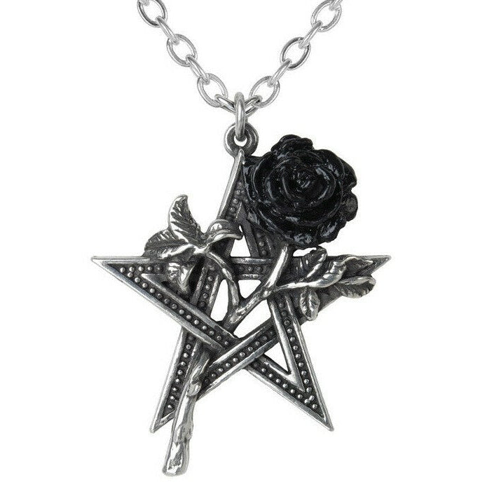Silver pentagram pendant with black rose and butterfly on a white background