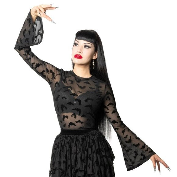 Kreepsville 666 Black Bat Repeat Mesh LS Top