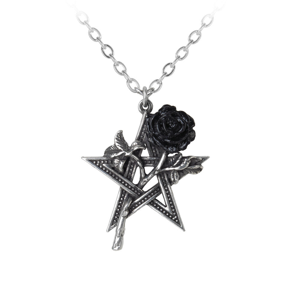 Silver pentagram pendant with black rose on a white background