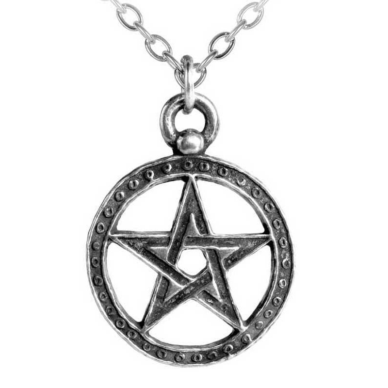 Silver pentagram pendant necklace on a white background