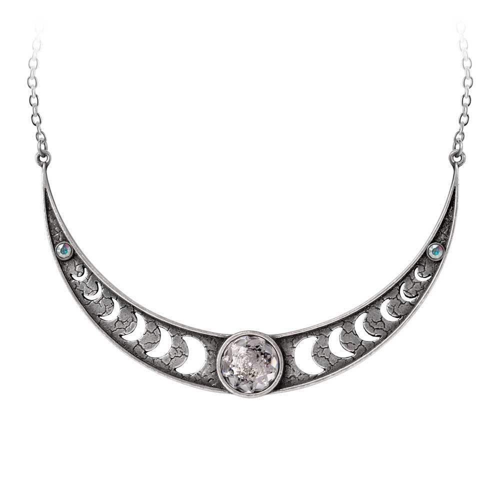 Silver necklace with moon phase design on a white background