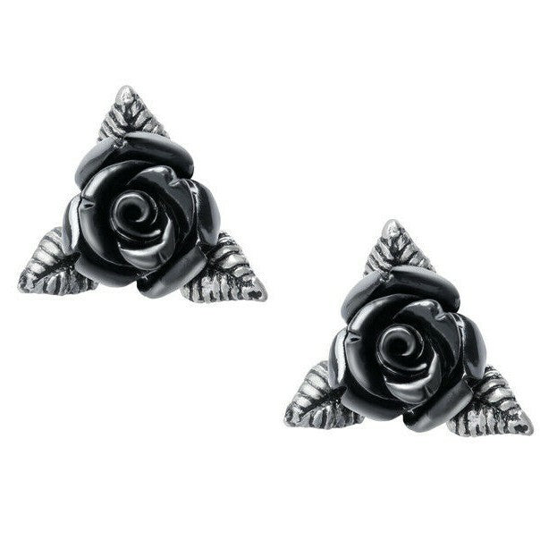 Pair of black rose-shaped earrings on a white background