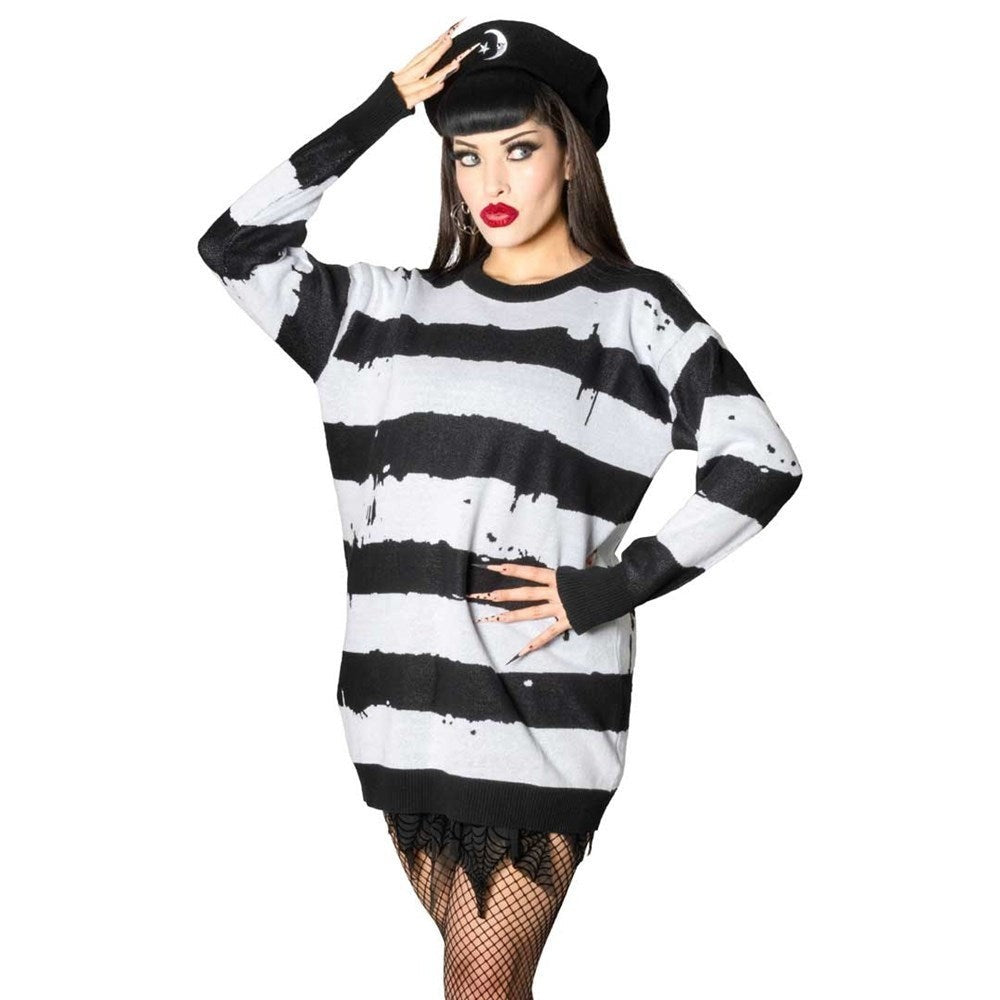 Kreepsville 666 Stripes Black White Oversize Thumb Holes Sweater
