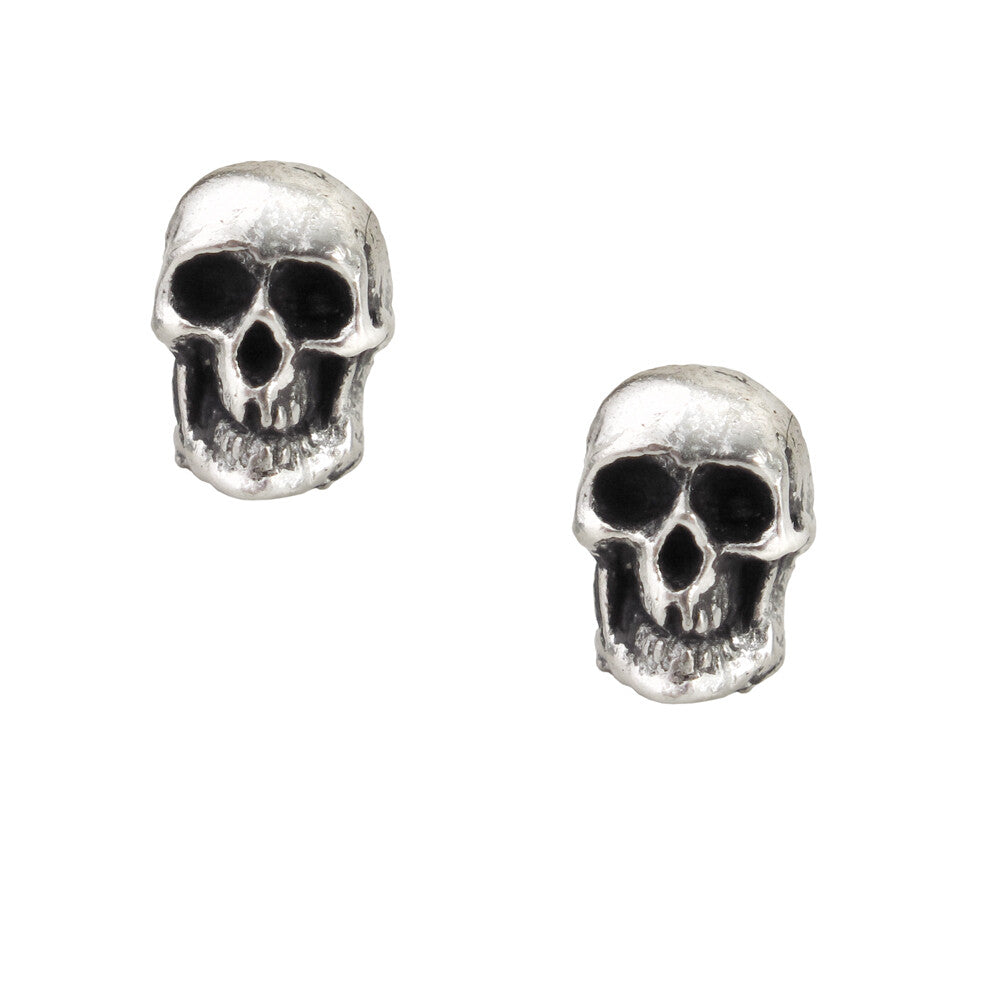 Pair of silver skull-shaped earrings on a white background