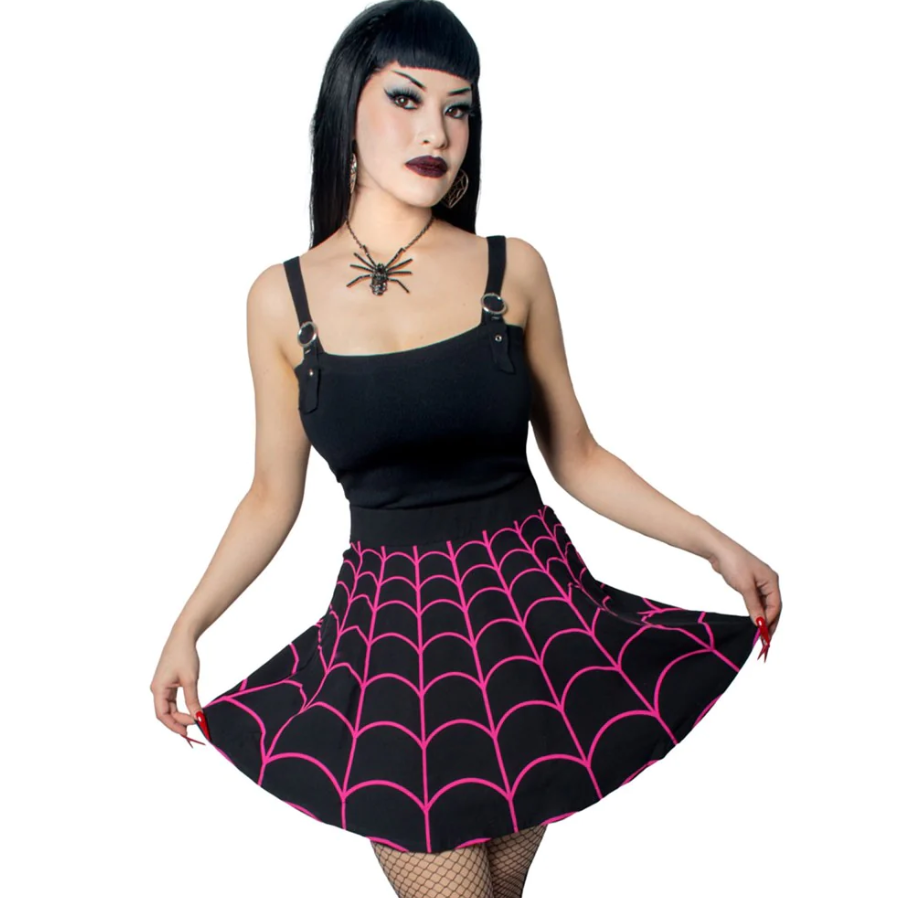 Kreepsville 666 Black Pink Spiderweb Skater Skirt