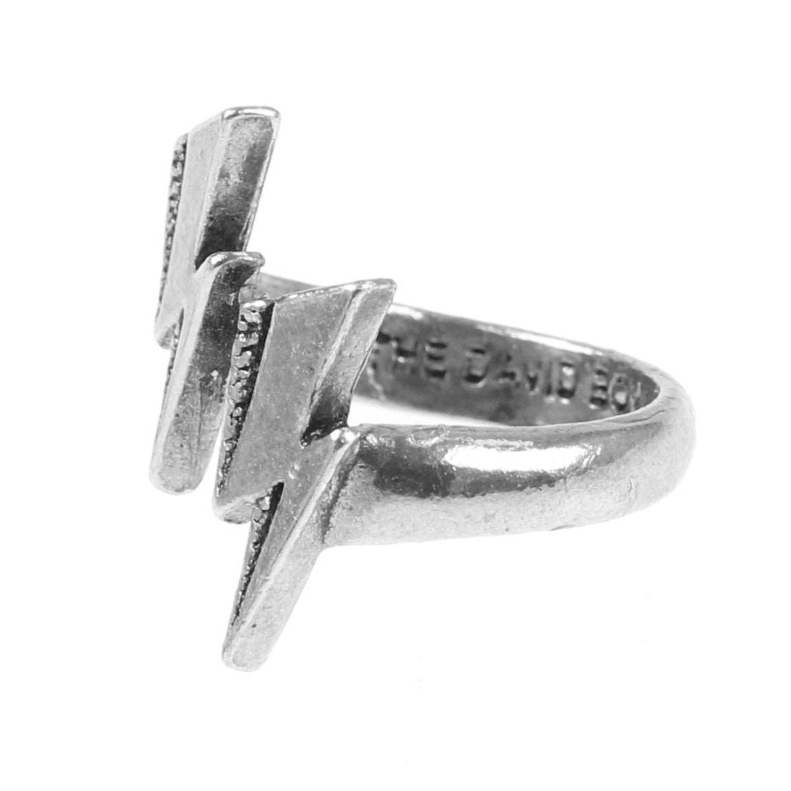 A silver lightning bolt ring with a textured, hammered finish and a polished band, shown on a plain white background. The inside of the band is engraved with 'THE DAVID GILBERT'.