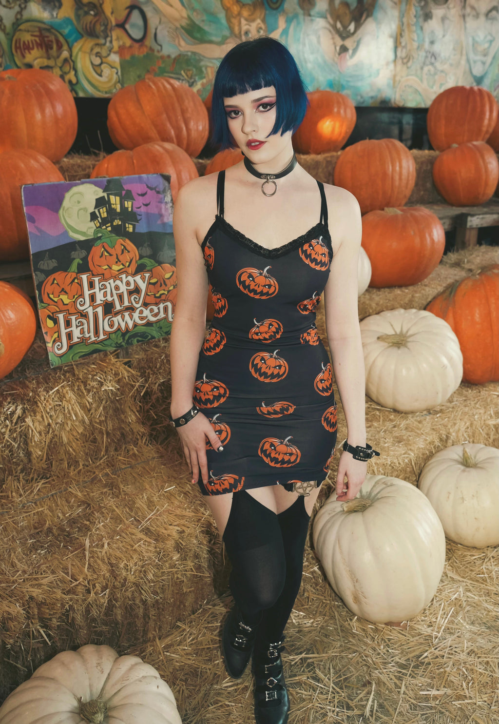 Vera's Eyecandy Halloween Pumpkins Print Lace Strap Dress