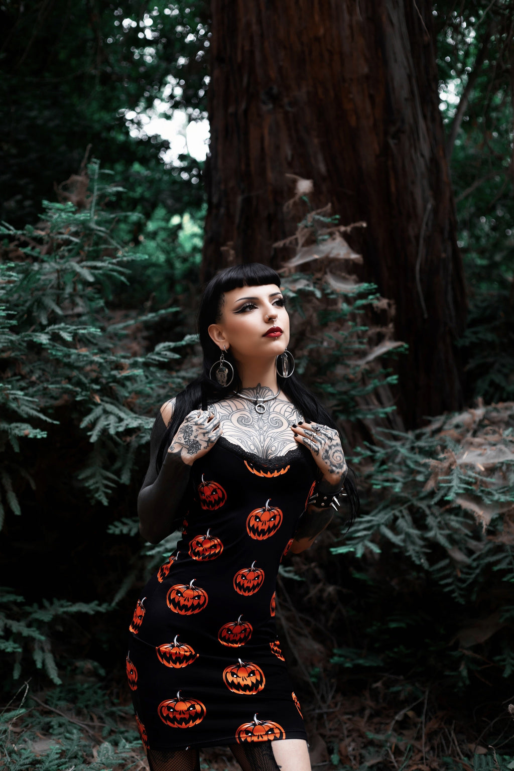 Vera's Eyecandy Halloween Pumpkins Print Lace Strap Dress