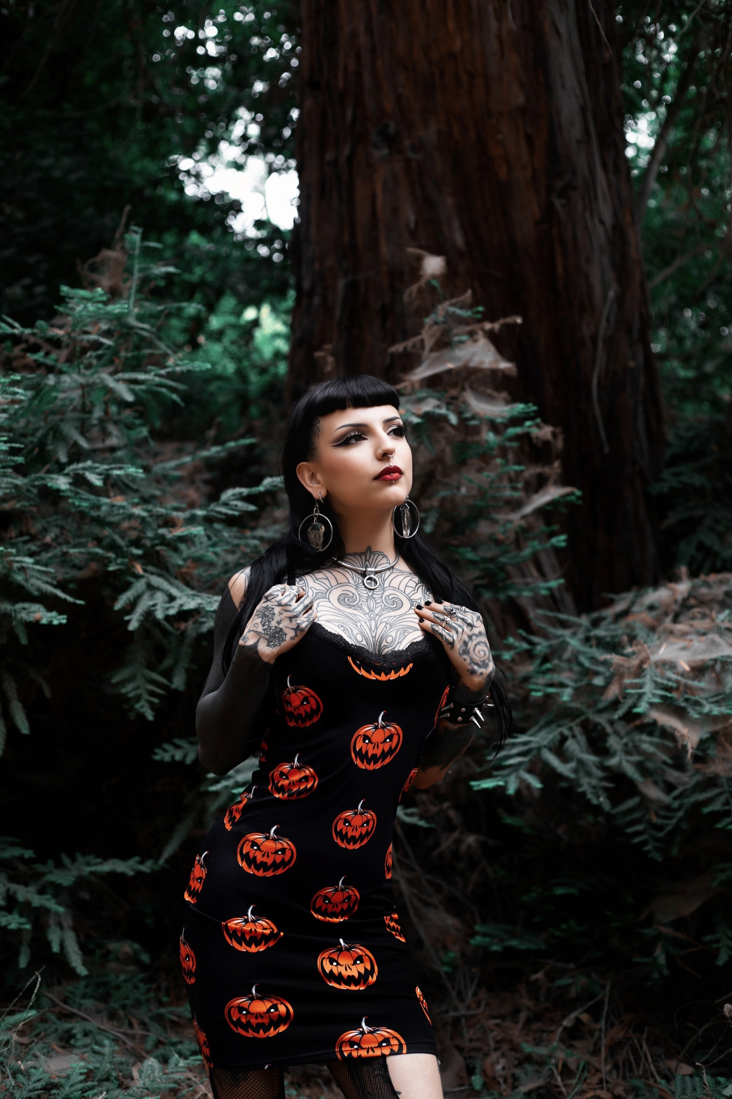 Vera's Eyecandy Halloween Pumpkins Print Lace Strap Dress