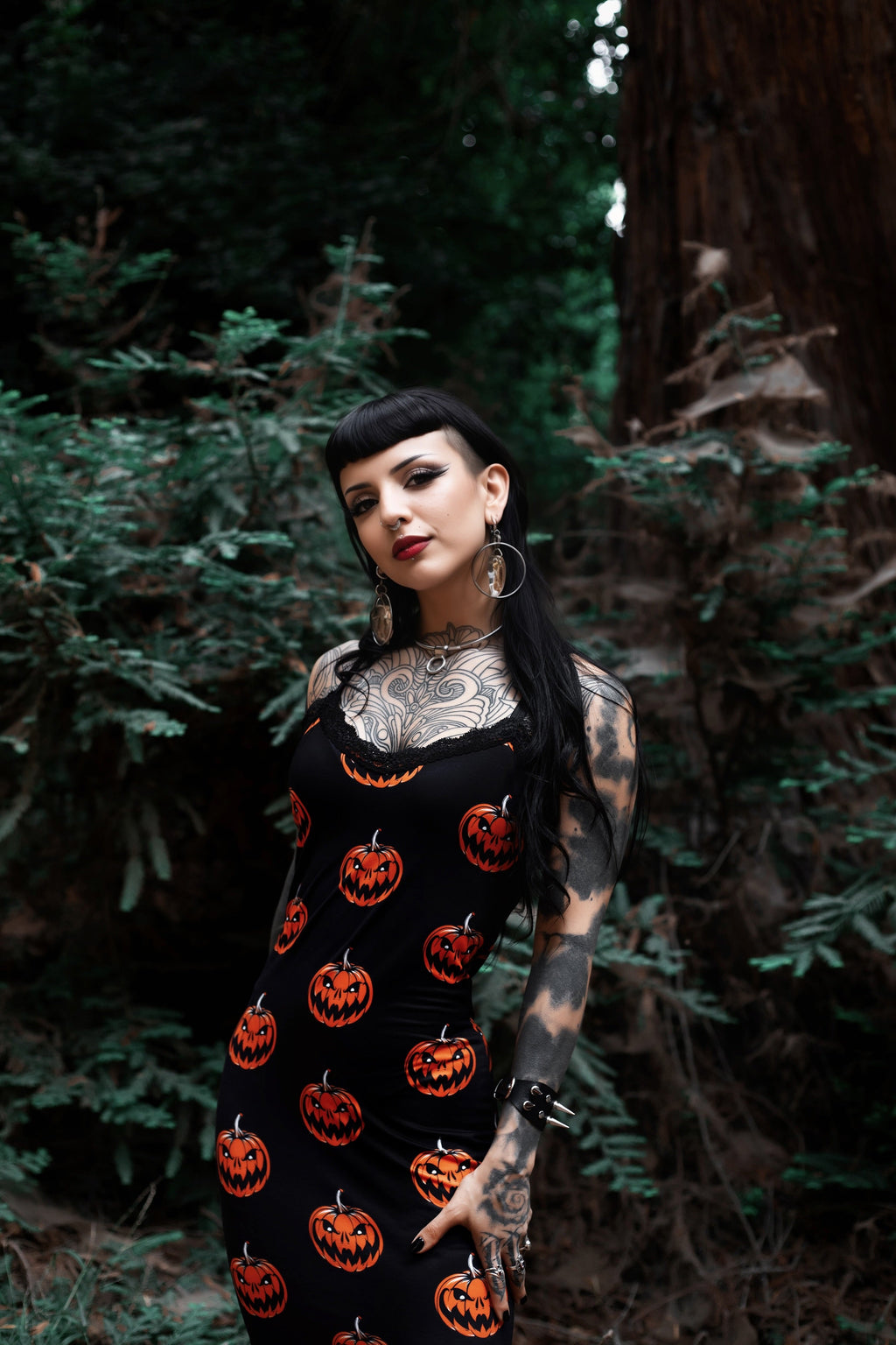 Vera's Eyecandy Halloween Pumpkins Print Lace Strap Dress