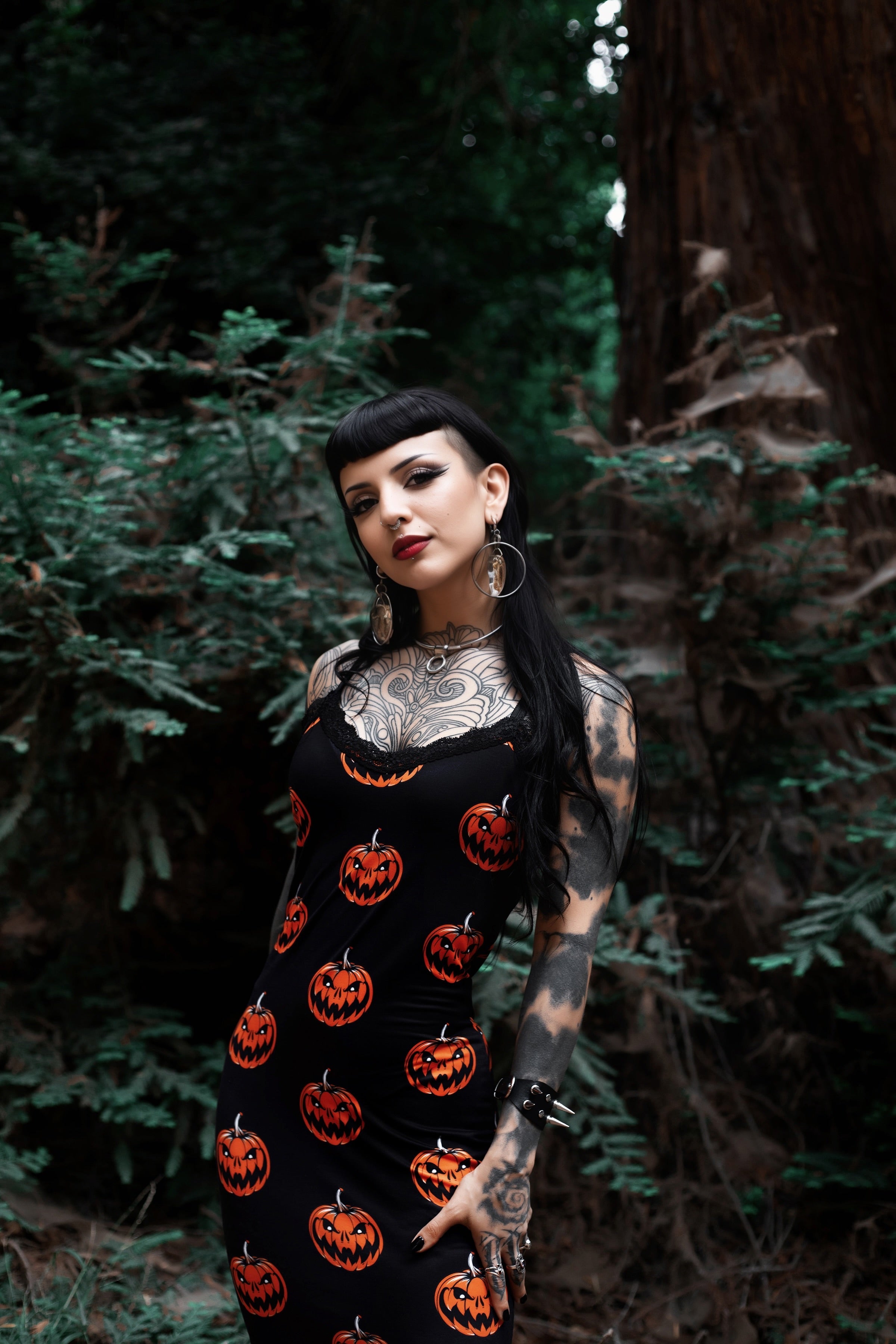 Vera's Eyecandy Halloween Pumpkins Print Lace Strap Dress