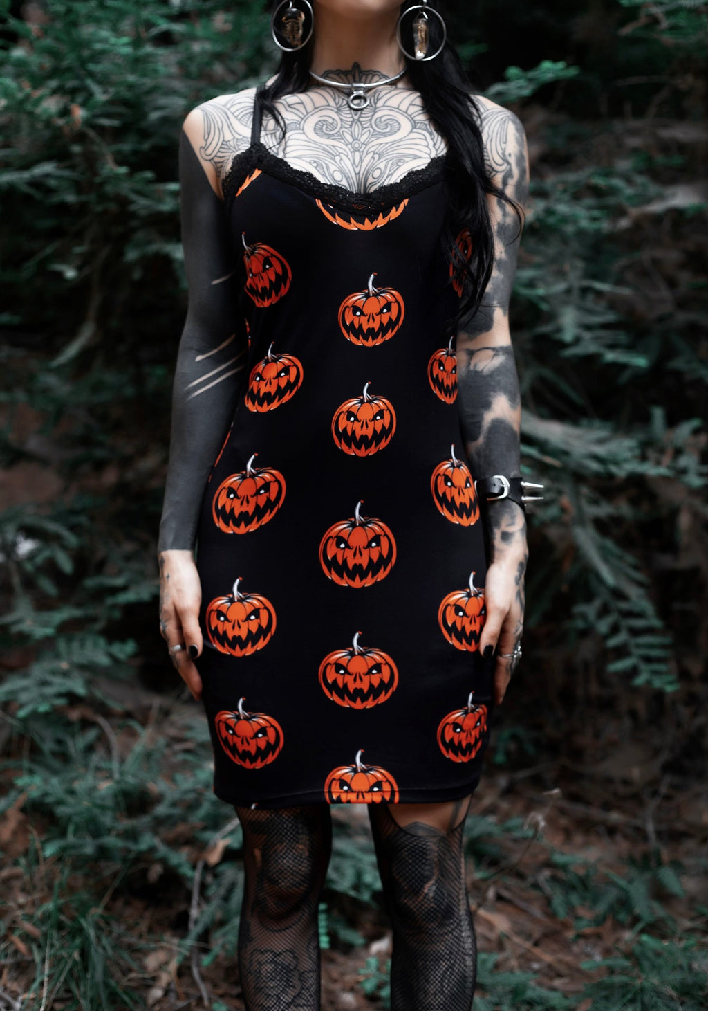 Vera's Eyecandy Halloween Pumpkins Print Lace Strap Dress
