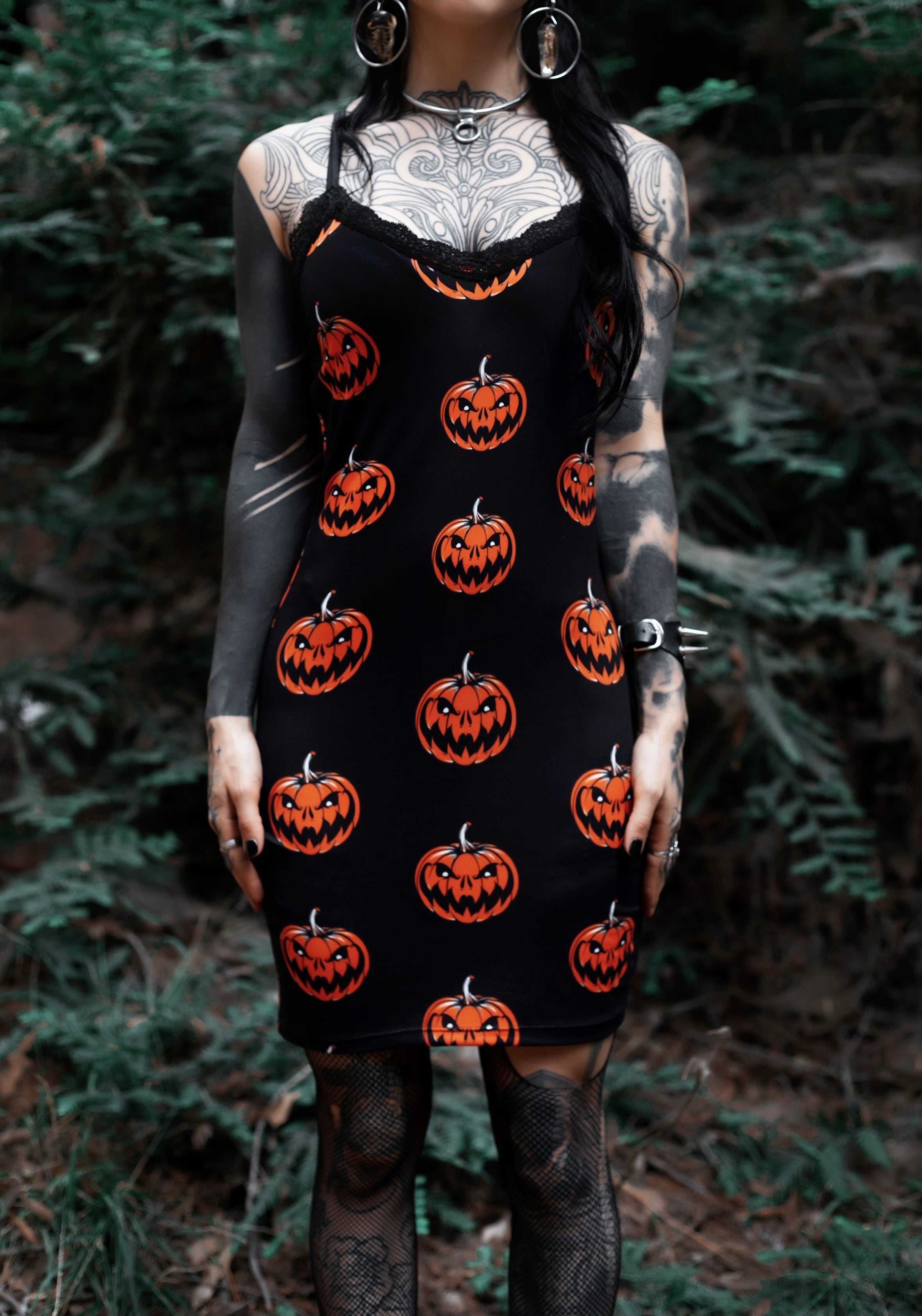 Vera's Eyecandy Halloween Pumpkins Print Lace Strap Dress