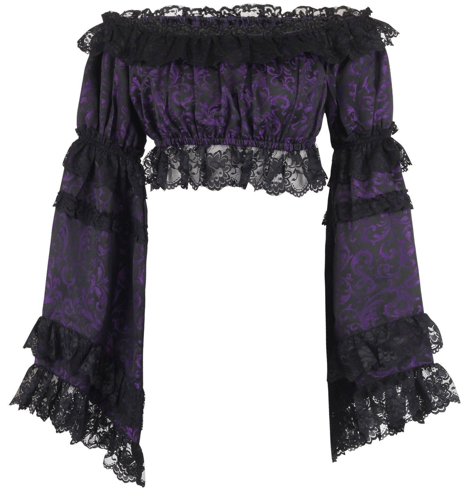 Purple/Black Brocade Smocked Flare Sleeve Peasant Top - Daisy Corsets