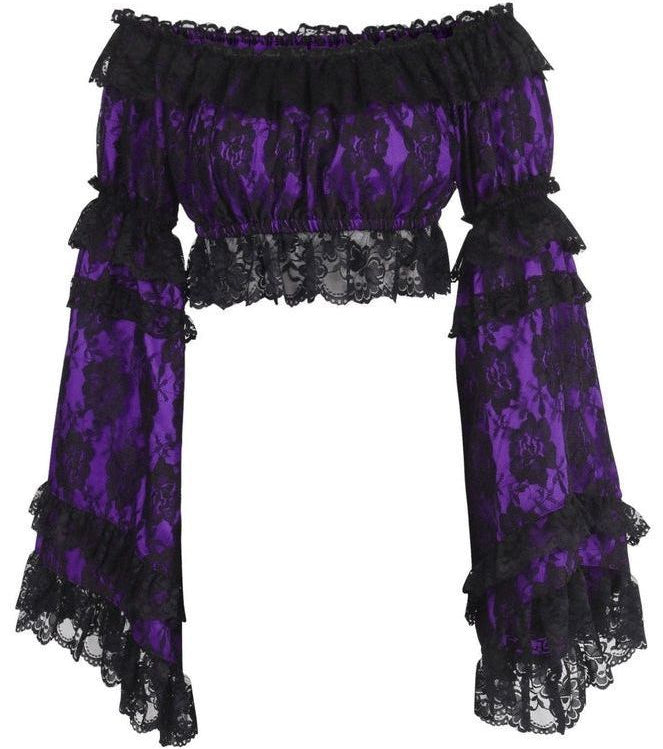 Purple/Black Lace Smocked Flare Sleeve Peasant Top - Daisy Corsets