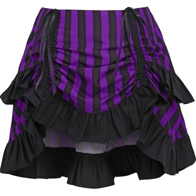 A ruffled mini skirt featuring vertical purple and black stripes on the front panel, with cascading black ruffles and side ties, shown against a plain white background.