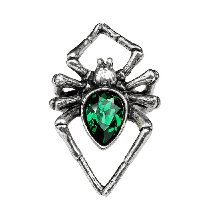 Silver spider-shaped pendant with a green gemstone on a white background