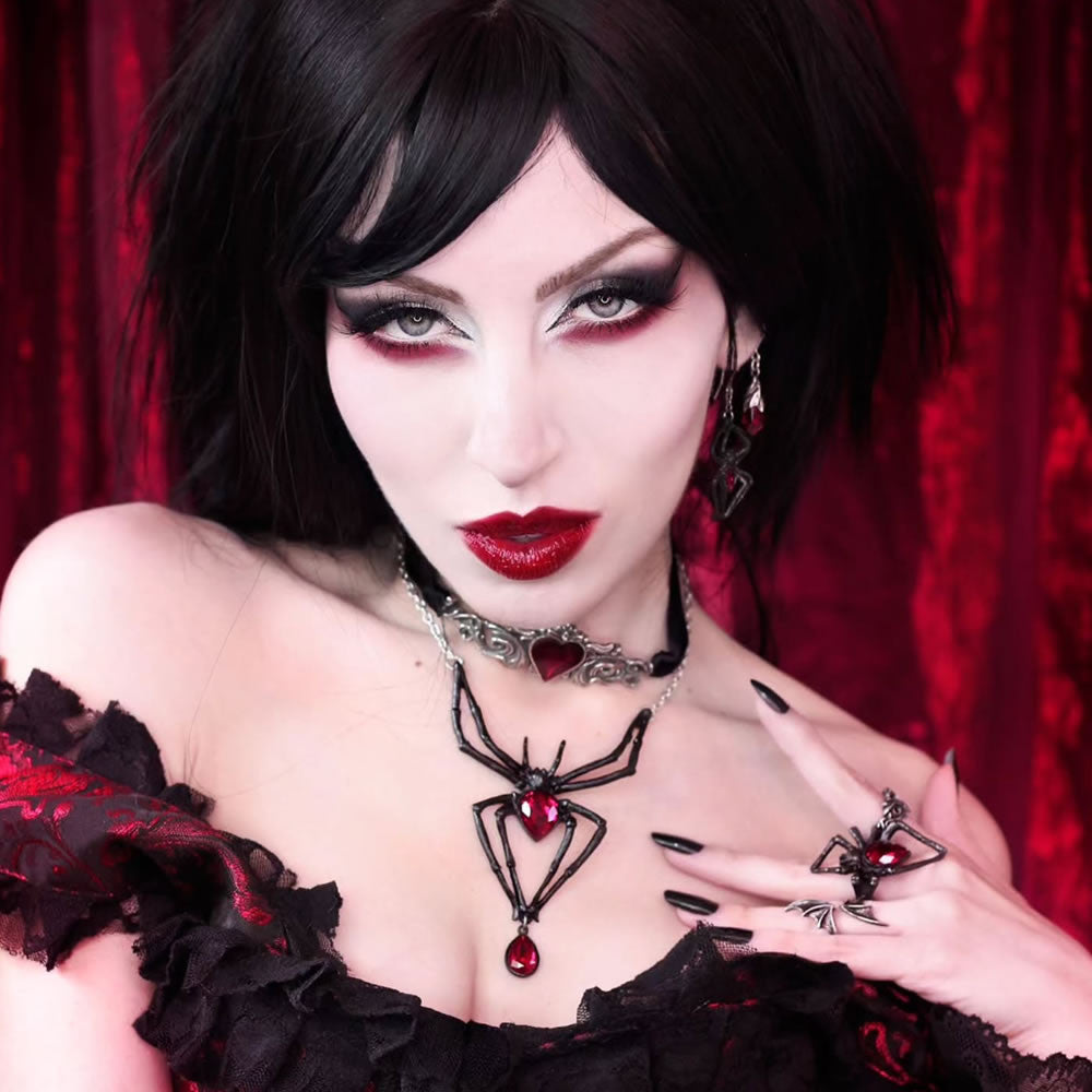 Alchemy Gothic Red Crystal Black Widow Ring R222
