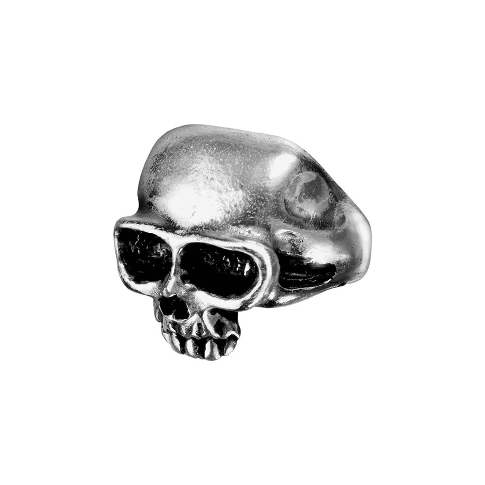 Silver skull-shaped ring on a white background