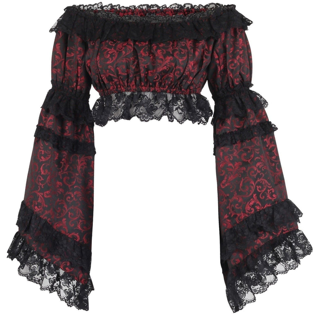 Red/Black Brocade Smocked Flare Sleeve Peasant Top - Daisy Corsets