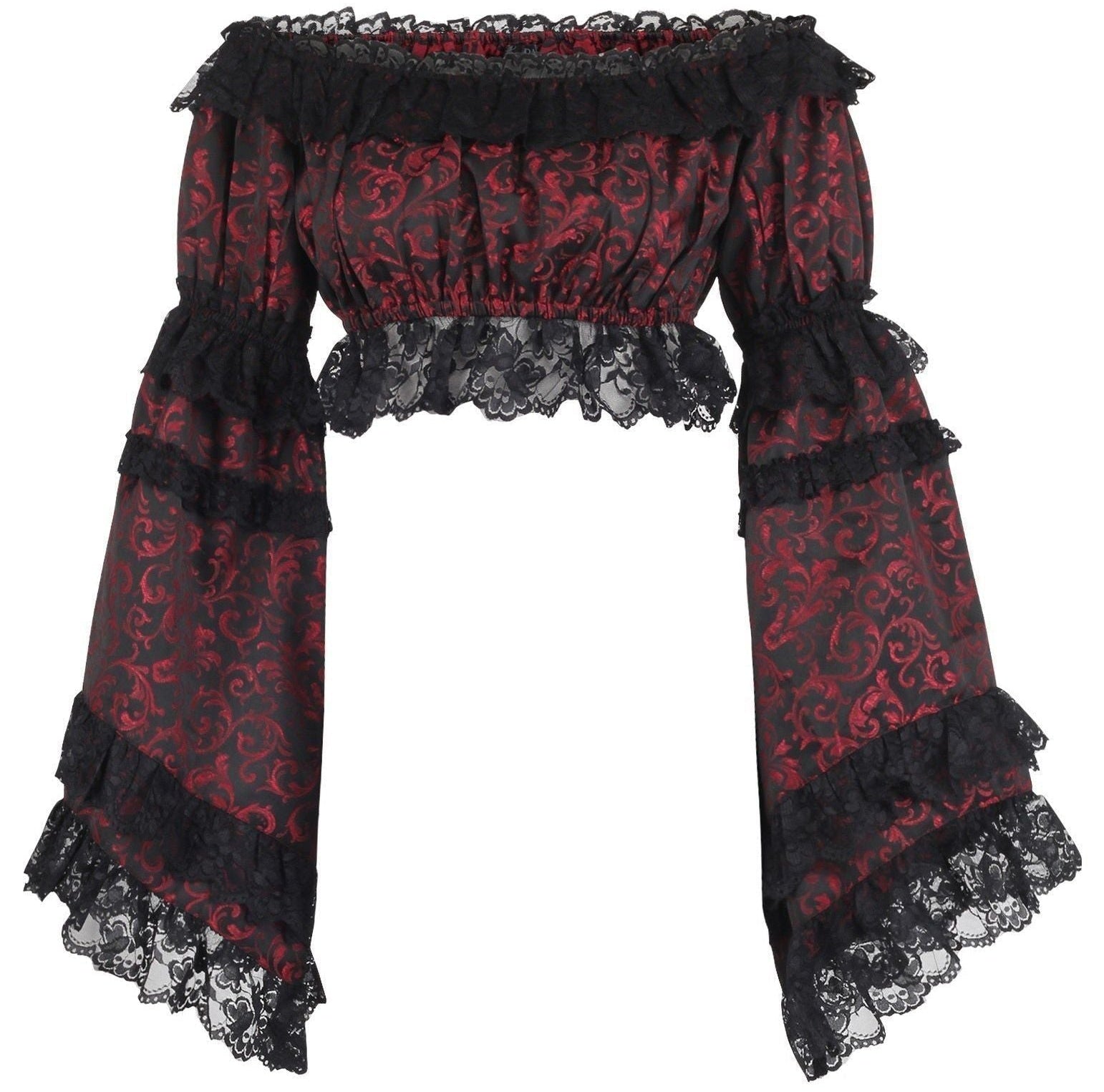 Red/Black Brocade Smocked Flare Sleeve Peasant Top - Daisy Corsets