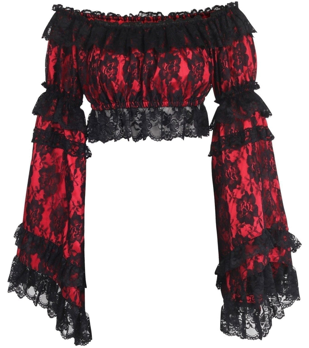 Red/Black Lace Smocked Flare Sleeve Peasant Top - Daisy Corsets