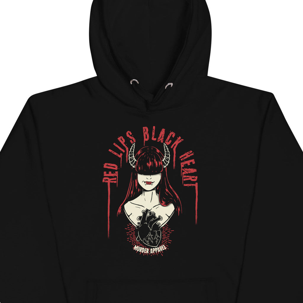 Black hoodie with a graphic design of a woman with red lips and black heart, text 'Red Lips Black Heart' on a white background.