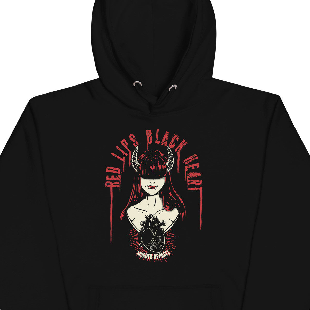 Black hoodie with a graphic design of a woman with red lips and black heart, text 'Red Lips Black Heart' on a white background.
